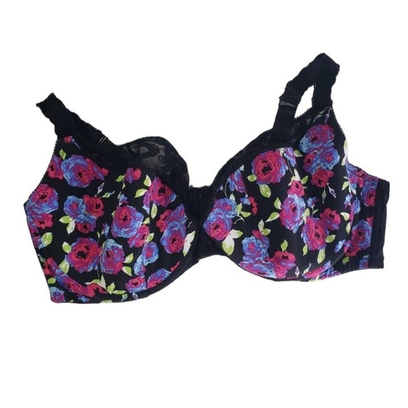 Cacique Floral Underwire Bra 44DDD Black‎ Pink Purple Lace - Picture 1 of 9